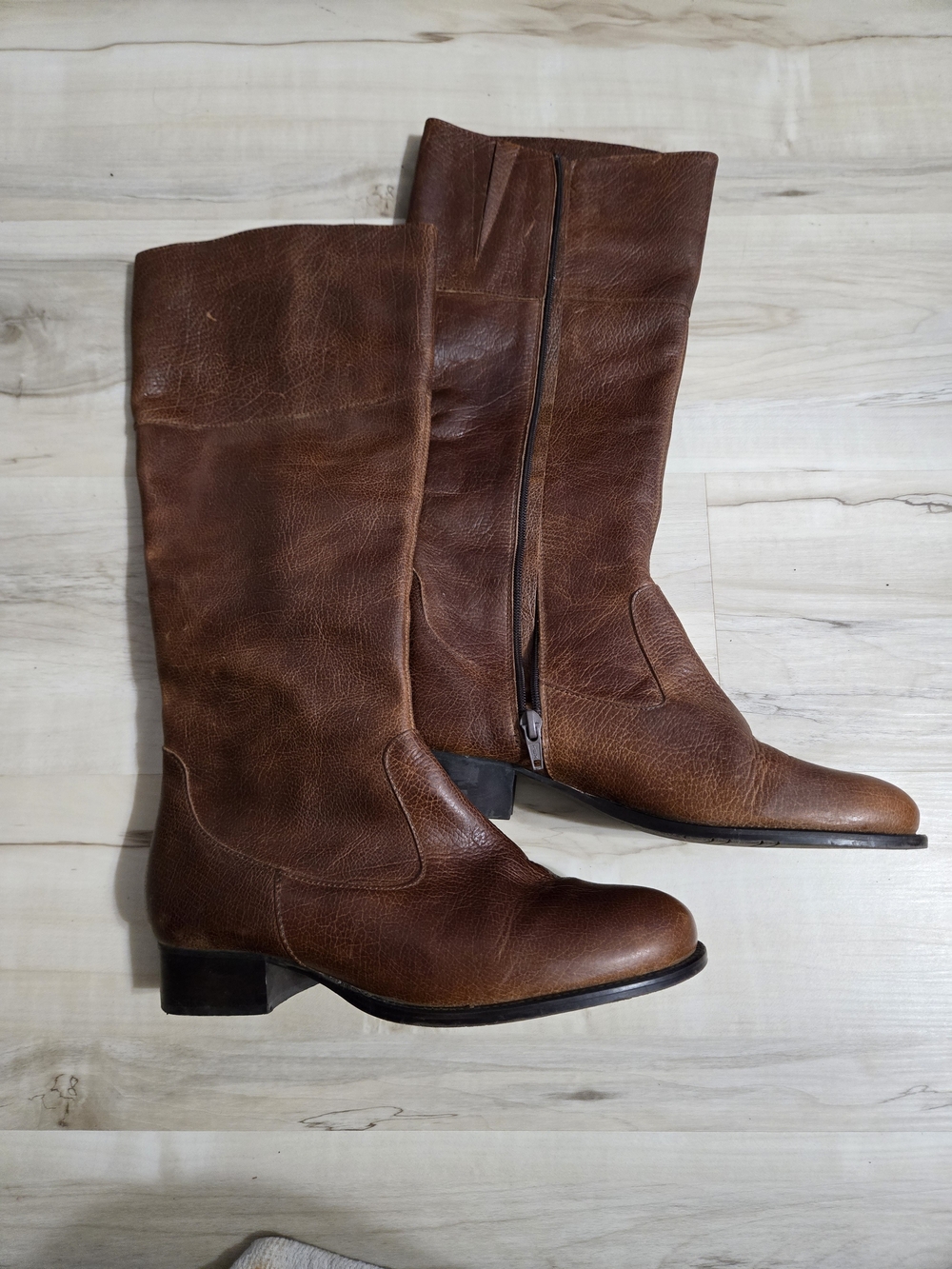 Brown Leather Mid-Calf Women's Heeled Boots with Side Zip